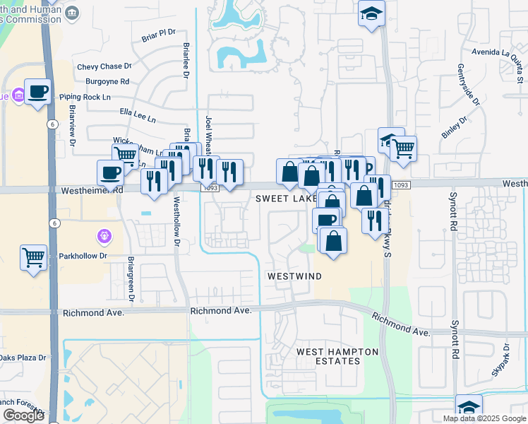 map of restaurants, bars, coffee shops, grocery stores, and more near 13626 Sunswept Way in Houston