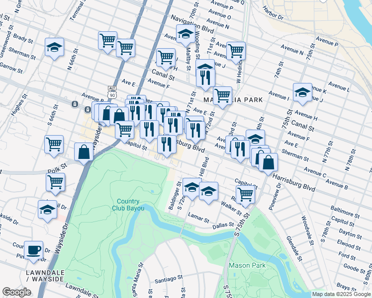 map of restaurants, bars, coffee shops, grocery stores, and more near 7118 Harrisburg Boulevard in Houston