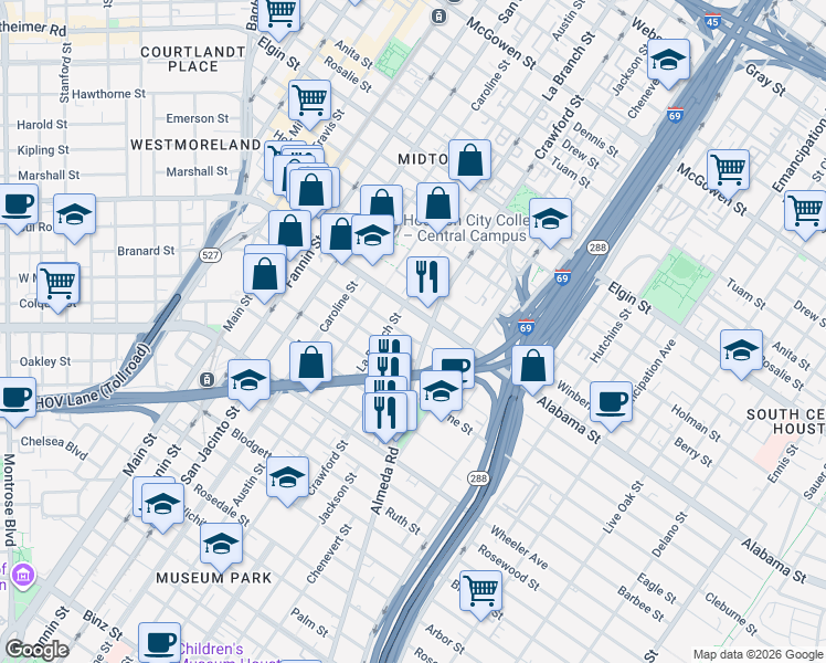 map of restaurants, bars, coffee shops, grocery stores, and more near 3801 La Branch Street in Houston