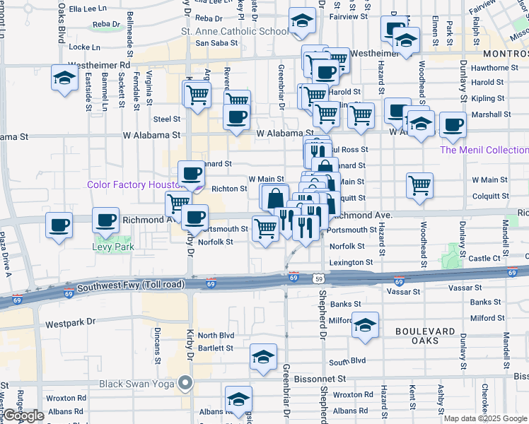 map of restaurants, bars, coffee shops, grocery stores, and more near in Houston