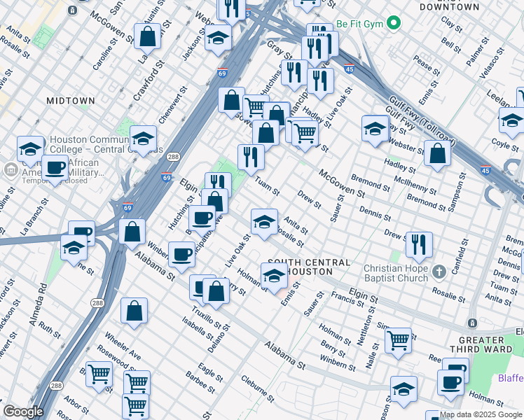 map of restaurants, bars, coffee shops, grocery stores, and more near 3004 Live Oak Street in Houston