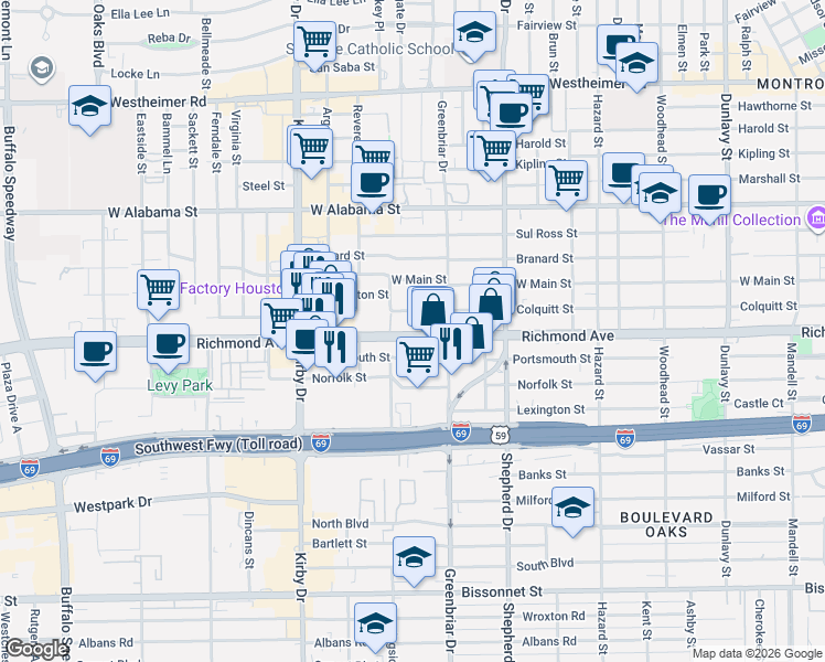 map of restaurants, bars, coffee shops, grocery stores, and more near 2242 Richmond Avenue in Houston