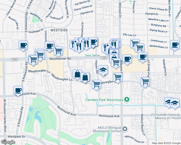map of restaurants, bars, coffee shops, grocery stores, and more near 2828 Hayes Road in Houston