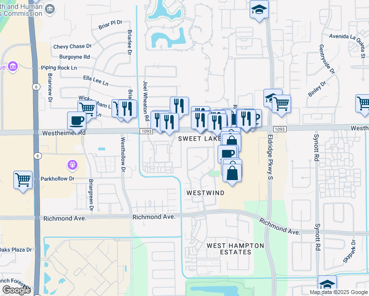 map of restaurants, bars, coffee shops, grocery stores, and more near 13626 Sunswept Way in Houston