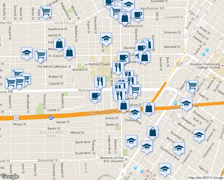 map of restaurants, bars, coffee shops, grocery stores, and more near 1117 Richmond Ave in Houston