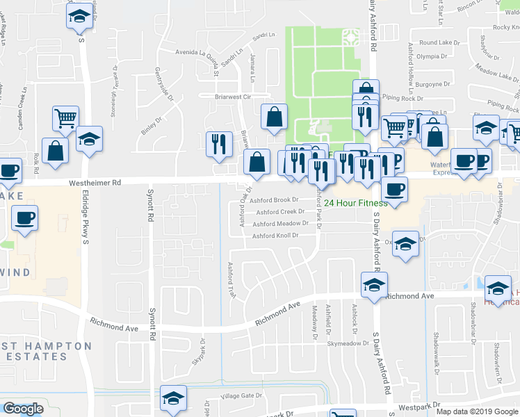 map of restaurants, bars, coffee shops, grocery stores, and more near 12830 Ashford Creek Drive in Houston