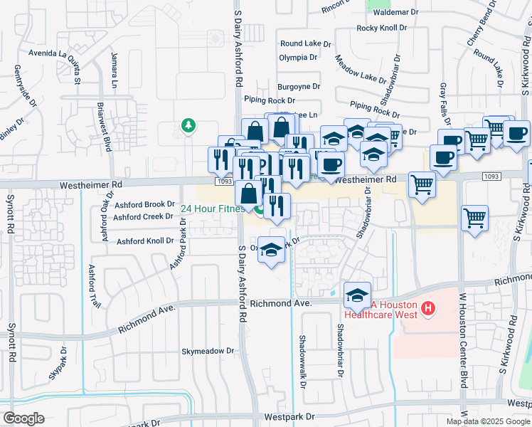 map of restaurants, bars, coffee shops, grocery stores, and more near 12523 Westheimer Rd in Houston