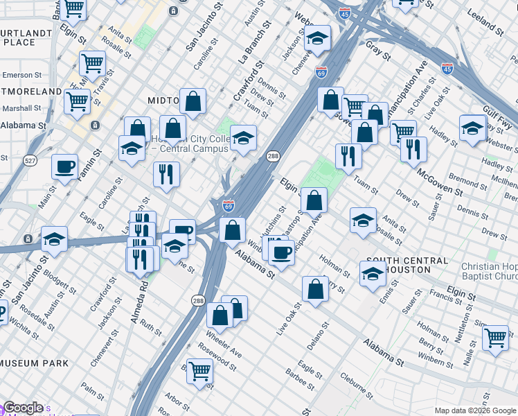 map of restaurants, bars, coffee shops, grocery stores, and more near 2102 Francis Street in Houston