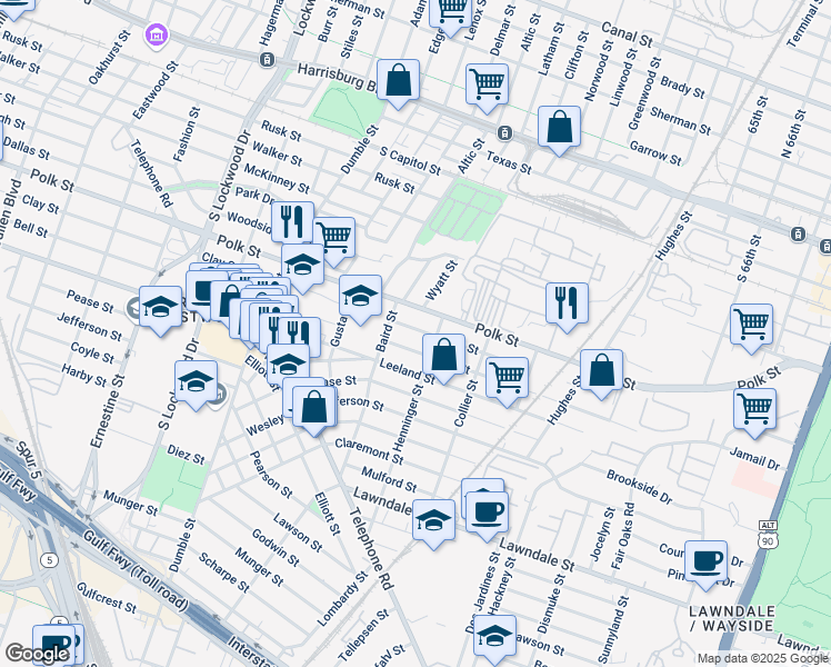 map of restaurants, bars, coffee shops, grocery stores, and more near 5128 Clay Street in Houston