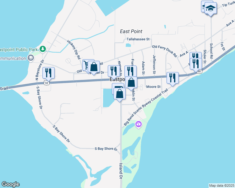 map of restaurants, bars, coffee shops, grocery stores, and more near 25 Island Drive in Eastpoint