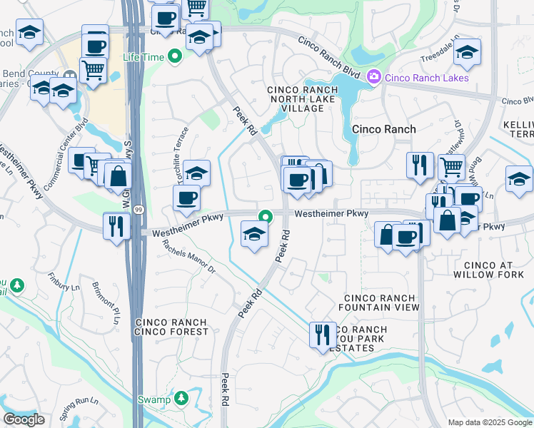 map of restaurants, bars, coffee shops, grocery stores, and more near 22406 Westheimer Parkway in Katy