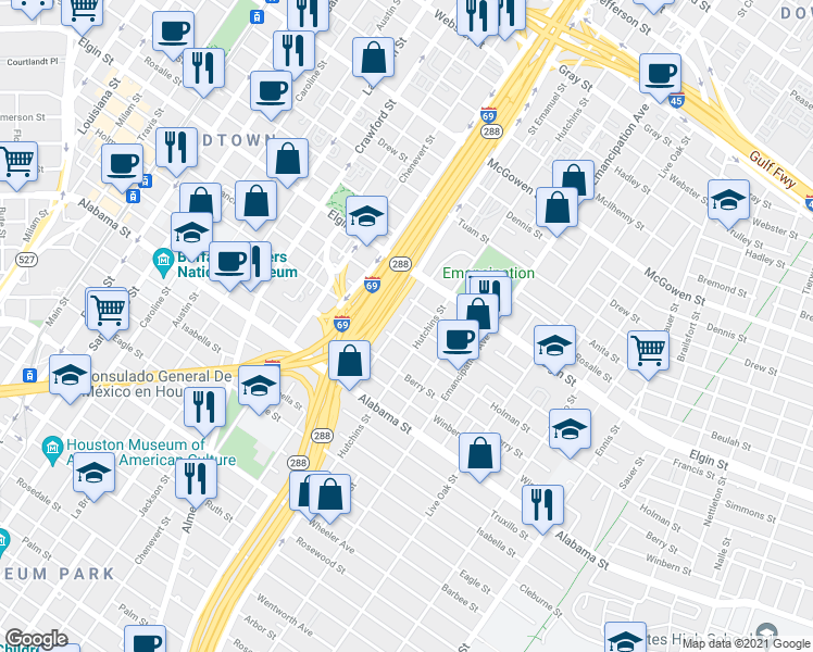 map of restaurants, bars, coffee shops, grocery stores, and more near 2102 Francis Street in Houston