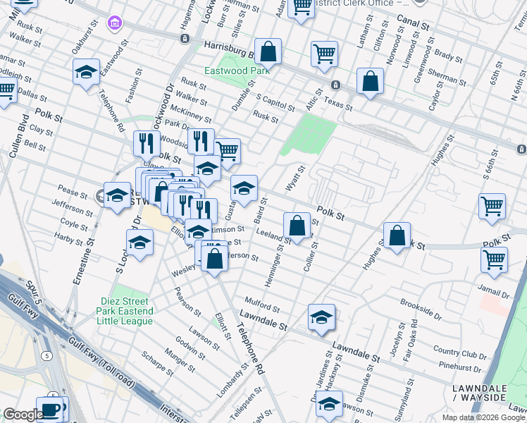 map of restaurants, bars, coffee shops, grocery stores, and more near 5103 Bell Street in Houston