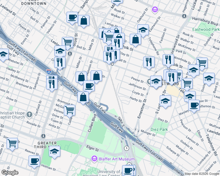 map of restaurants, bars, coffee shops, grocery stores, and more near 1901 Cullen Boulevard in Houston