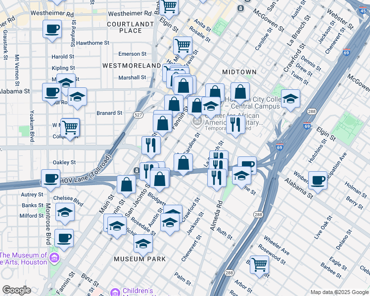 map of restaurants, bars, coffee shops, grocery stores, and more near 4102 Caroline Street in Houston