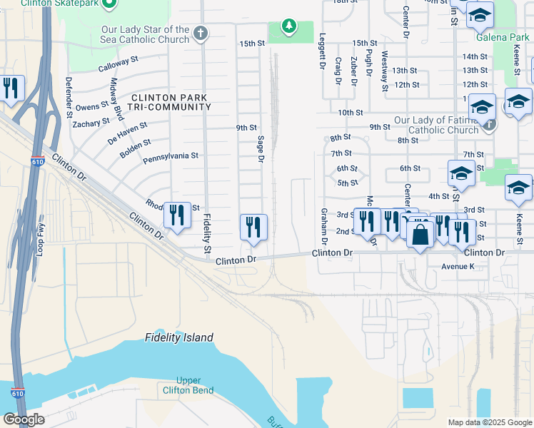 map of restaurants, bars, coffee shops, grocery stores, and more near 302 Sage Drive in Galena Park