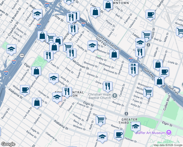map of restaurants, bars, coffee shops, grocery stores, and more near 3101 Dennis Street in Houston