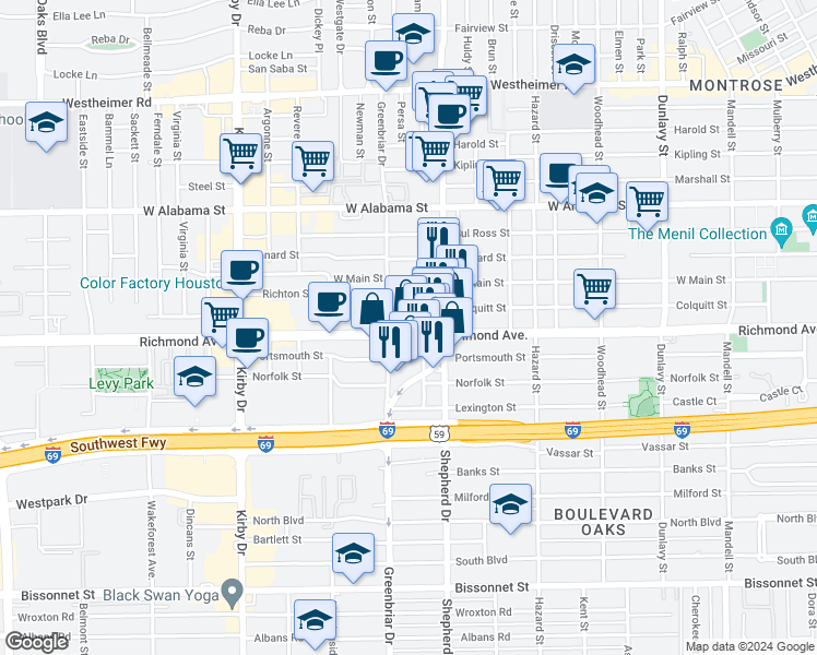 map of restaurants, bars, coffee shops, grocery stores, and more near 2134 Richmond Avenue in Houston