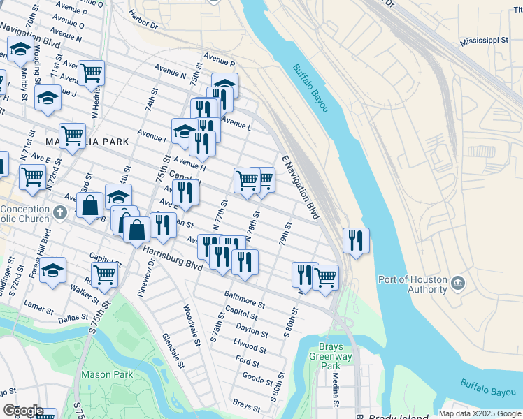 map of restaurants, bars, coffee shops, grocery stores, and more near 7802 Canal Street in Houston