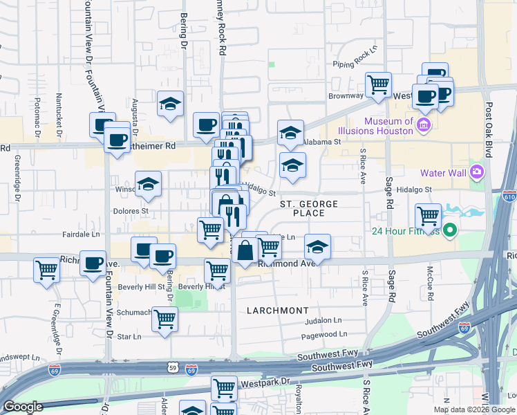 map of restaurants, bars, coffee shops, grocery stores, and more near 3201 McCulloch Circle in Houston