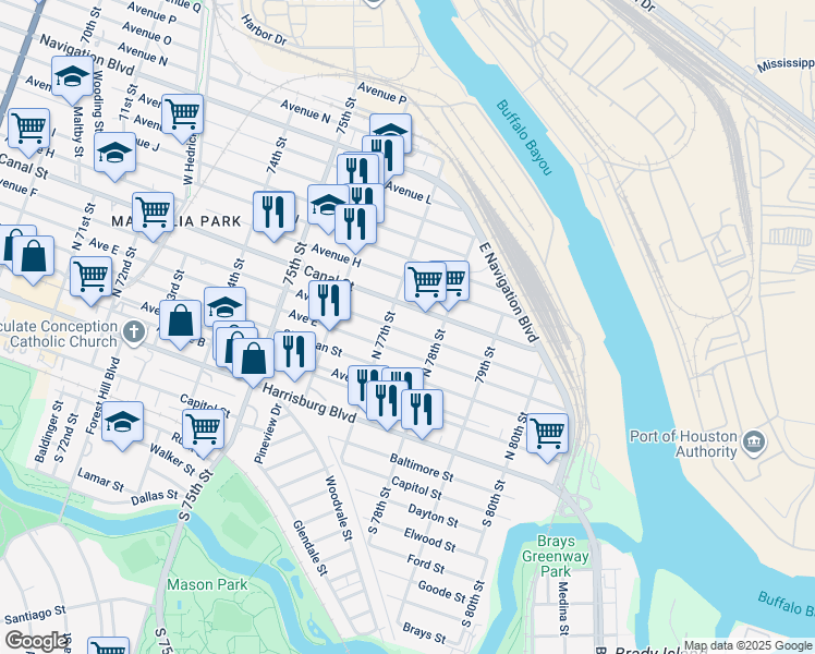 map of restaurants, bars, coffee shops, grocery stores, and more near 7717 Avenue F in Houston