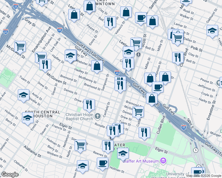map of restaurants, bars, coffee shops, grocery stores, and more near 3414 McIlhenny Street in Houston