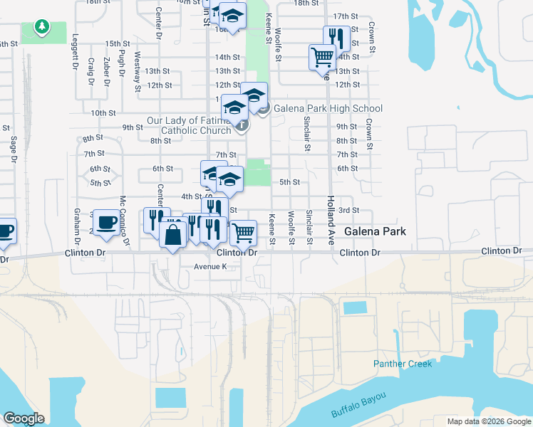 map of restaurants, bars, coffee shops, grocery stores, and more near 1604 3rd Street in Galena Park