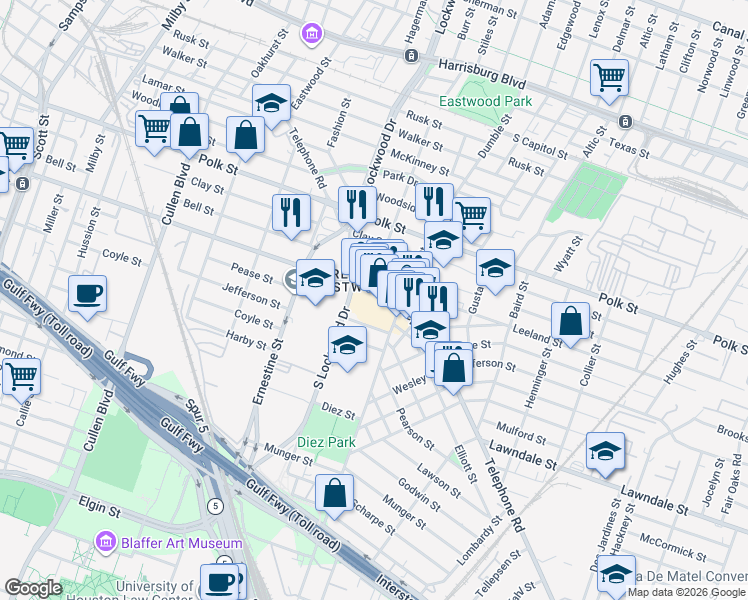 map of restaurants, bars, coffee shops, grocery stores, and more near 728 Telephone Road in Houston