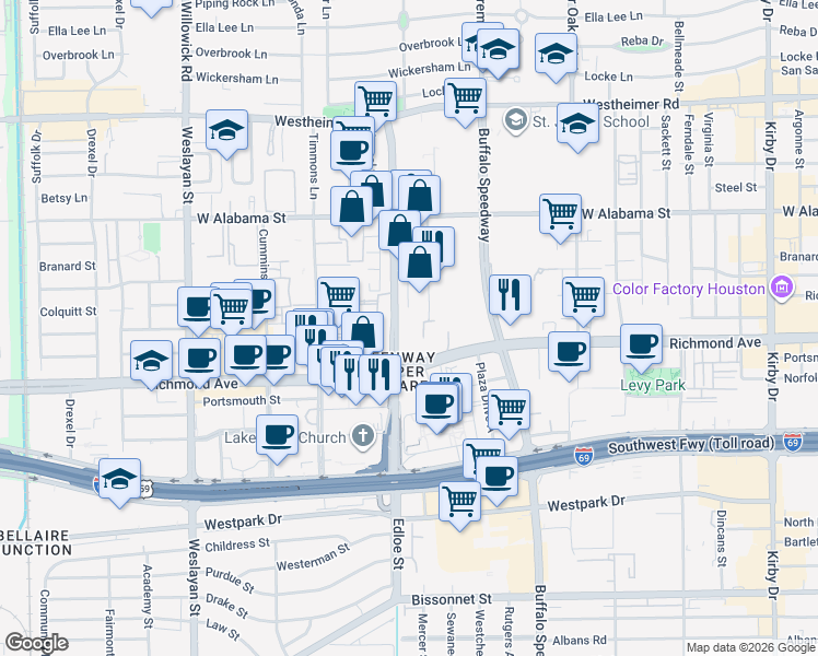 map of restaurants, bars, coffee shops, grocery stores, and more near 3660 Richmond Avenue in Houston