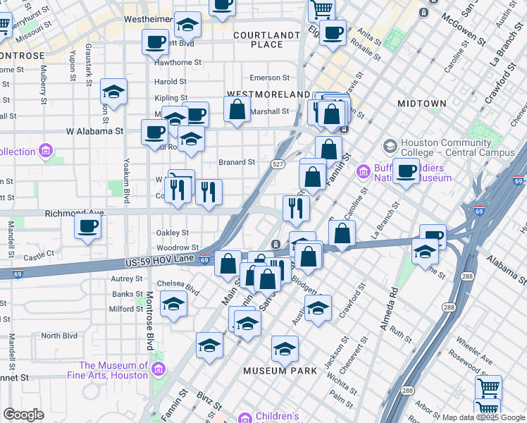 map of restaurants, bars, coffee shops, grocery stores, and more near 368 Richmond Ave in Houston