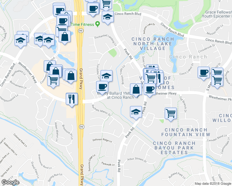 map of restaurants, bars, coffee shops, grocery stores, and more near 22395 Westheimer Parkway in Katy