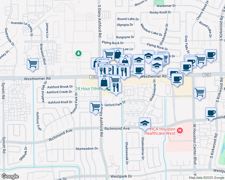 map of restaurants, bars, coffee shops, grocery stores, and more near 12523 Westheimer Road in Houston