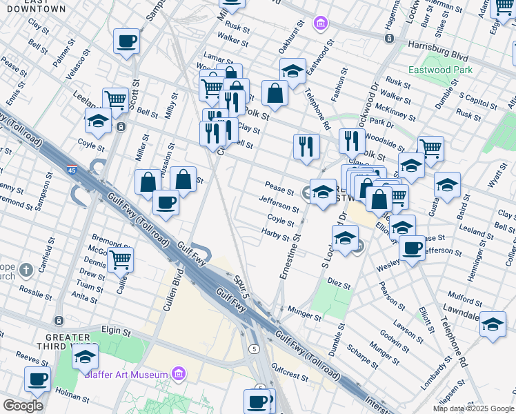 map of restaurants, bars, coffee shops, grocery stores, and more near 1810 Eastwood Street in Houston