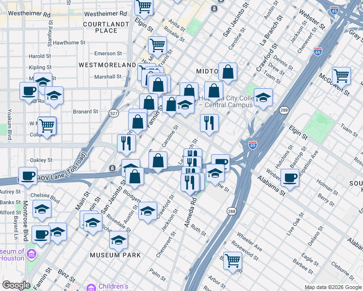 map of restaurants, bars, coffee shops, grocery stores, and more near 1400-1410 Isabella Street in Houston