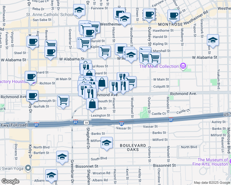 map of restaurants, bars, coffee shops, grocery stores, and more near 1908 Richmond Avenue in Houston