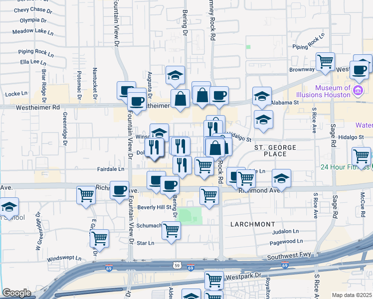 map of restaurants, bars, coffee shops, grocery stores, and more near 2953 Sandcastle Lane in Houston