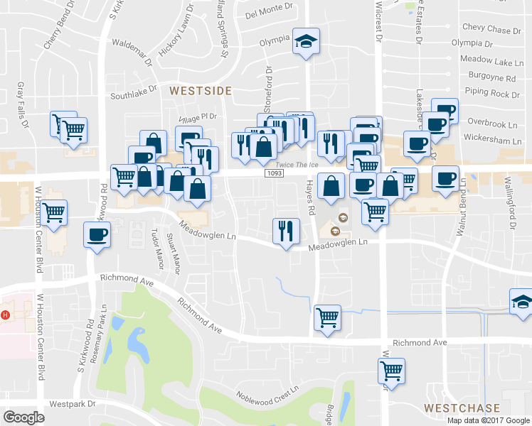 map of restaurants, bars, coffee shops, grocery stores, and more near 2777 Woodland Park Drive in Houston