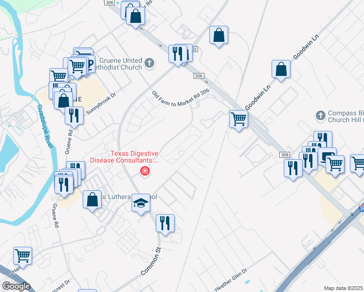map of restaurants, bars, coffee shops, grocery stores, and more near 2056 Sundance Parkway in New Braunfels