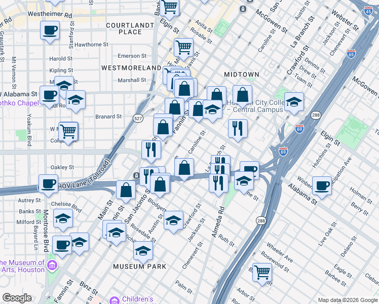 map of restaurants, bars, coffee shops, grocery stores, and more near Caroline Street & Cleburne Street in Houston