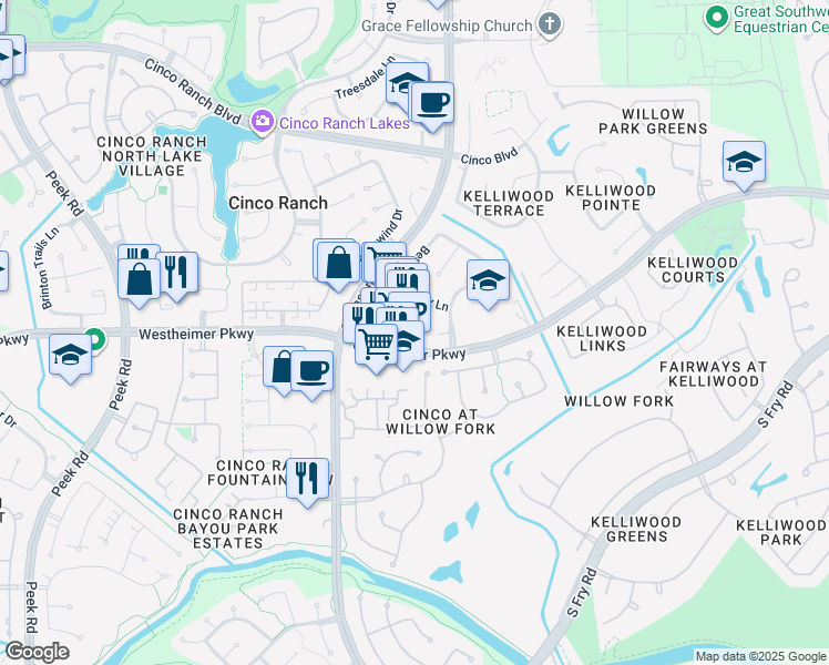 map of restaurants, bars, coffee shops, grocery stores, and more near 22026 Westheimer Parkway in Katy