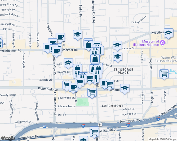 map of restaurants, bars, coffee shops, grocery stores, and more near 5606 Dolores Street in Houston