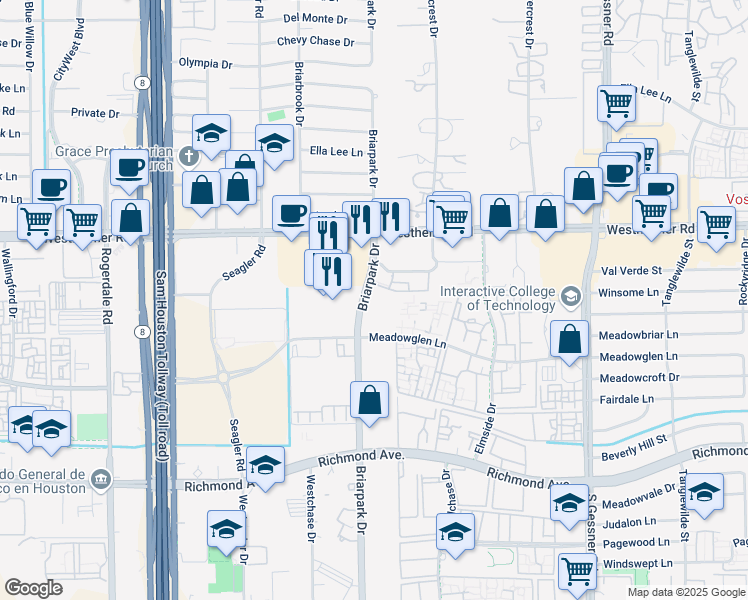 map of restaurants, bars, coffee shops, grocery stores, and more near 2925 Briarpark Drive in Houston