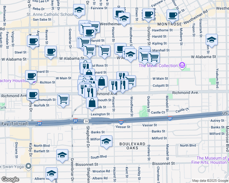 map of restaurants, bars, coffee shops, grocery stores, and more near 1846 Richmond Avenue in Houston