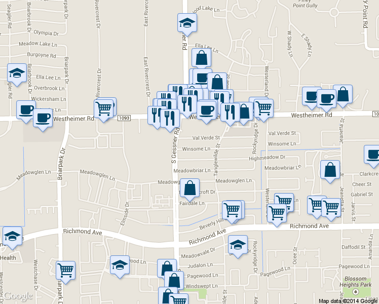 map of restaurants, bars, coffee shops, grocery stores, and more near 9639 Winsome Lane in Houston