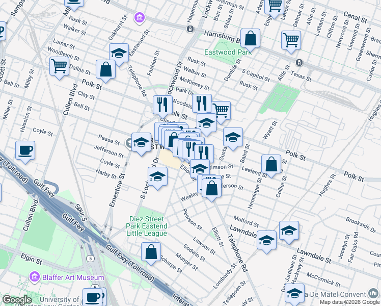 map of restaurants, bars, coffee shops, grocery stores, and more near 801 Telephone Road in Houston