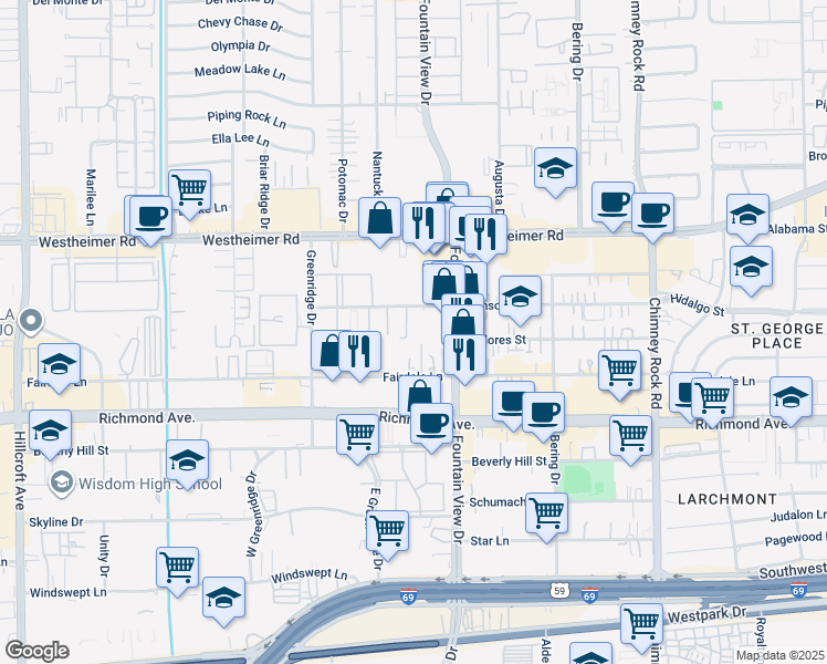 map of restaurants, bars, coffee shops, grocery stores, and more near 6015 Winsome Lane in Houston