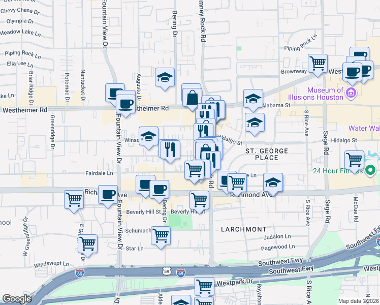 map of restaurants, bars, coffee shops, grocery stores, and more near 5606 Dolores Street in Houston