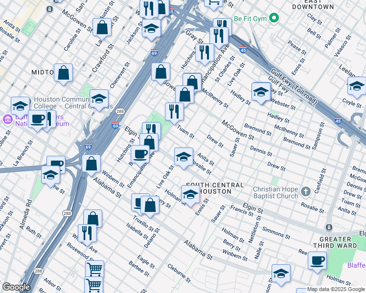 map of restaurants, bars, coffee shops, grocery stores, and more near 3004 Live Oak Street in Houston