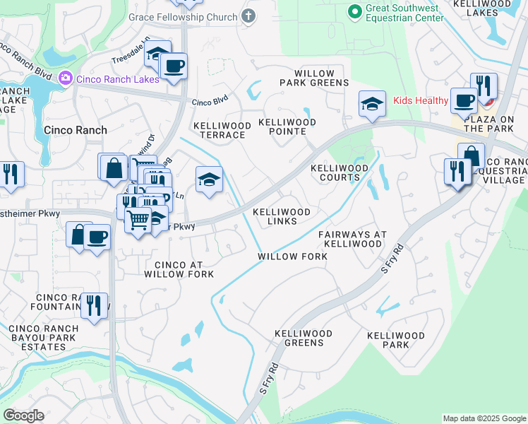 map of restaurants, bars, coffee shops, grocery stores, and more near 3406 San Vicente Lane in Katy