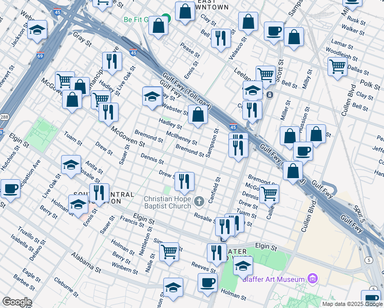 map of restaurants, bars, coffee shops, grocery stores, and more near 3310 Bremond Street in Houston